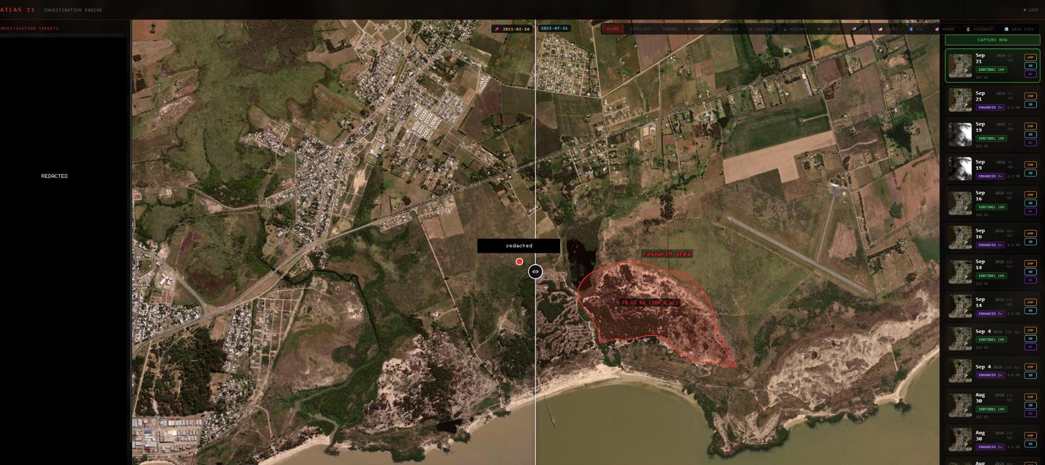 Atlas 11 investigation engine — before/after satellite swipe of a research area, Sentinel timeline